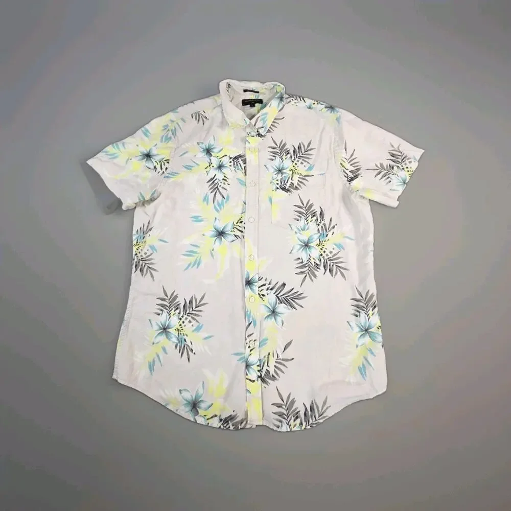 Banana Republic Shirt Mens XL White Floral Hawaiian Aloha Linen Cotton Slim C36